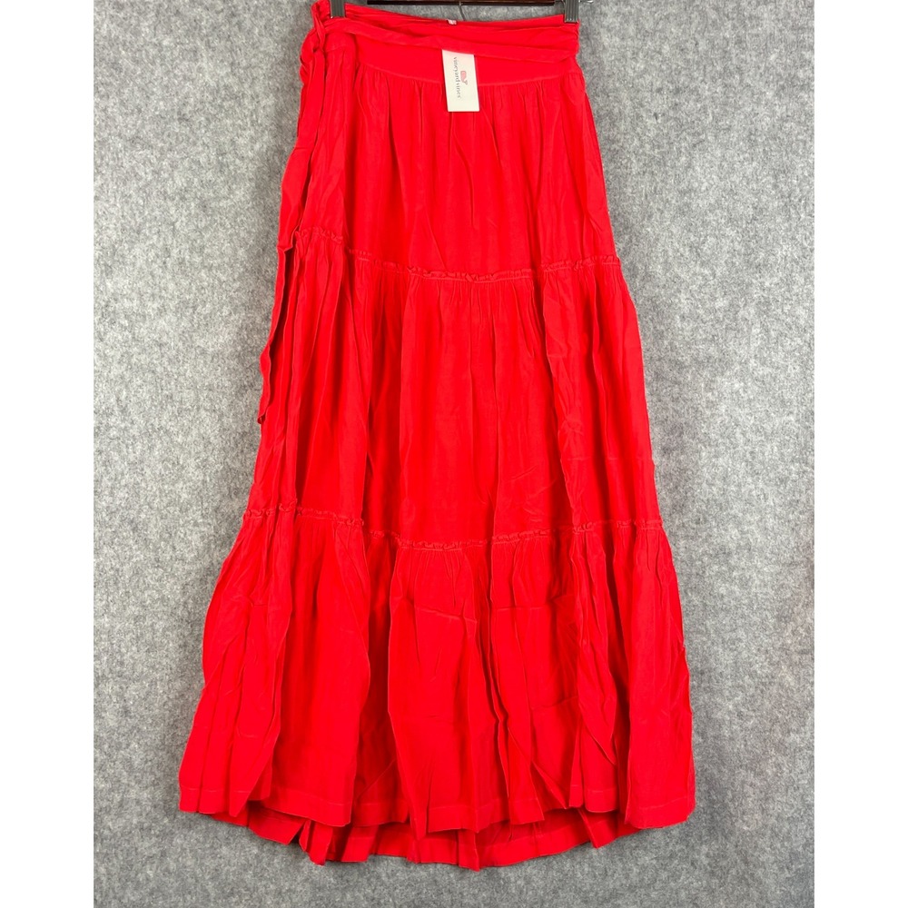 Vineyard Vines Tiered Maxi Skirt Womens 4 Red Waist Tie Ruffle Resort Summer NWT